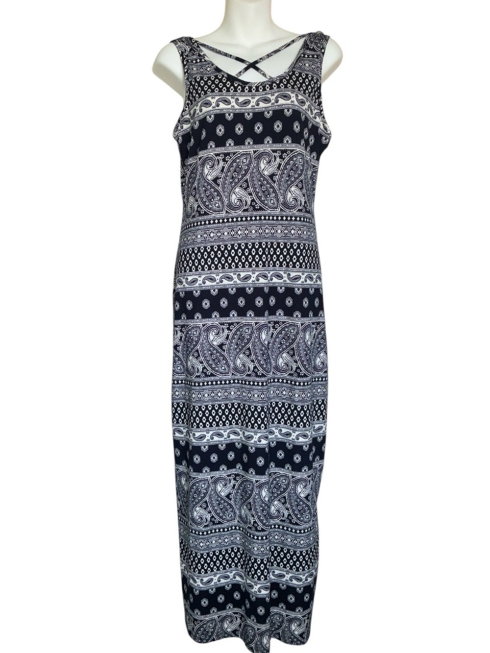 French Atmosphere Tank Dress Women's L Navy/White Paisley, Crisscross Front EUC